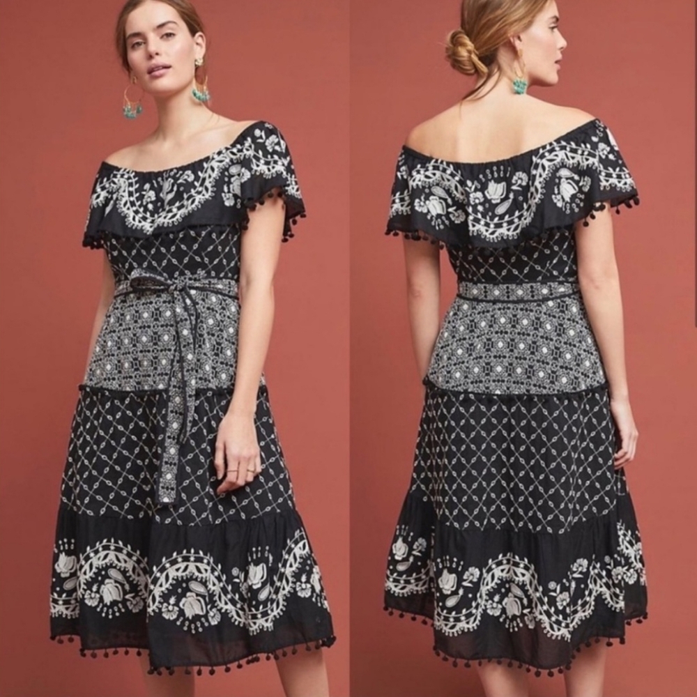 Anthropologie Dress Marisol Black & White Embroidered Off Shoulder Midi …